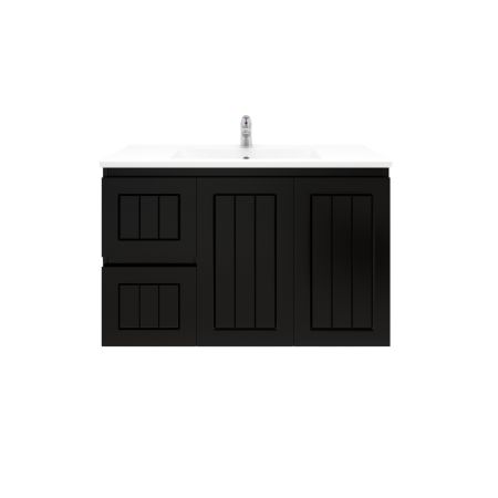 900mm Wall Hung Matte Black Linear Surface Bathroom Cabinet With Left Hand Drawers Cabinet Only