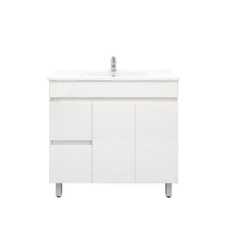 900mm Narrow Freestanding With Legs PVC Gloss White Left/Right Drawers Bathroom Vanity Cabinet Only