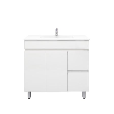 900mm Narrow Freestanding With Legs PVC Gloss White Left/Right Drawers Bathroom Vanity Cabinet Only