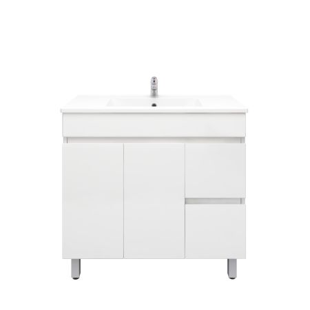 900mm Freestanding With Legs PVC Gloss White Left/Right Drawers Bathroom Vanity Cabinet Only