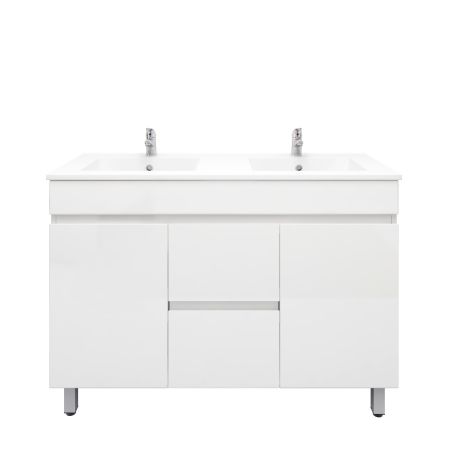 1200mm 2-Door 4-Drawer Freestanding With Legs PVC Gloss White Finish Bathroom Vanity Cabinet Only