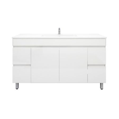 1500mm 2-Door 4-Drawer Freestanding With Legs PVC Gloss White Finish Bathroom Vanity Cabinet Only