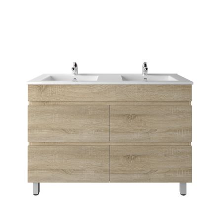 1200mm Freestanding With Legs Bathroom Vanity White Oak Wood Grain 2 PAC Coating MDF Board with Double Bowl