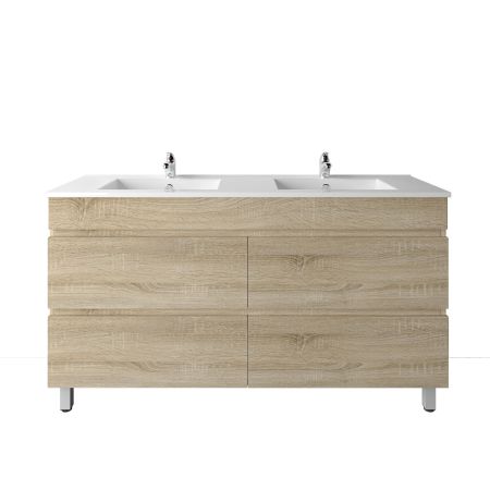 1500mm Freestanding With Legs Bathroom Vanity White Oak Wood Grain 2 PAC Coating MDF Board with Double Bowl