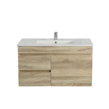 900MM White Oak MDF Bathroom Vanity Left Drawers Wall Hung Cabinet Only