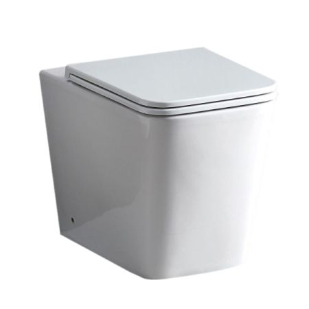 Enox99 Gloss White Wall Faced Pan with Slim UF Seat Cover & Universal Inlet Cistern Rimless Flushing Floor Pan