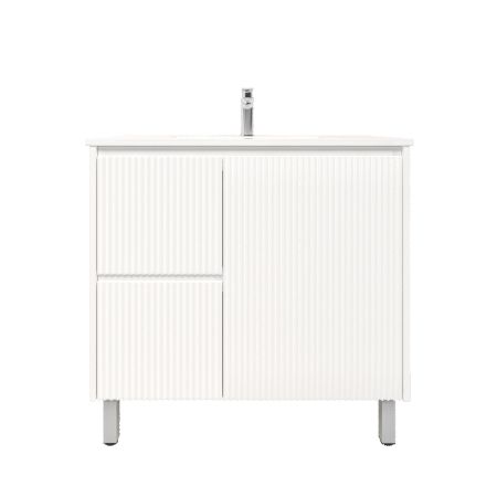 900mm Freestanding with legs  PVC Matte White Fluted Design With Left Hand Drawers Bathroom Vanity Cabinet Only