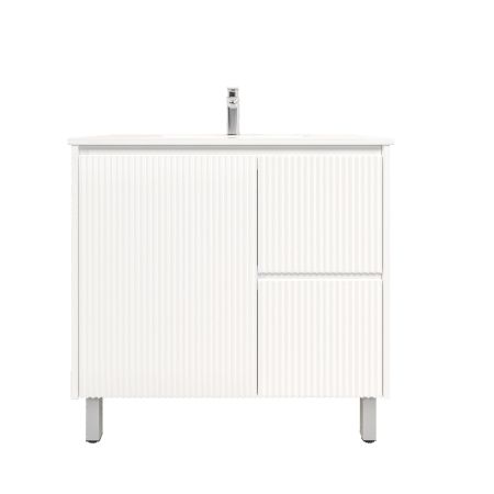 900mm Freestanding with legs  PVC Matte White Fluted Design With Right Hand Drawers Bathroom Vanity Cabinet Only