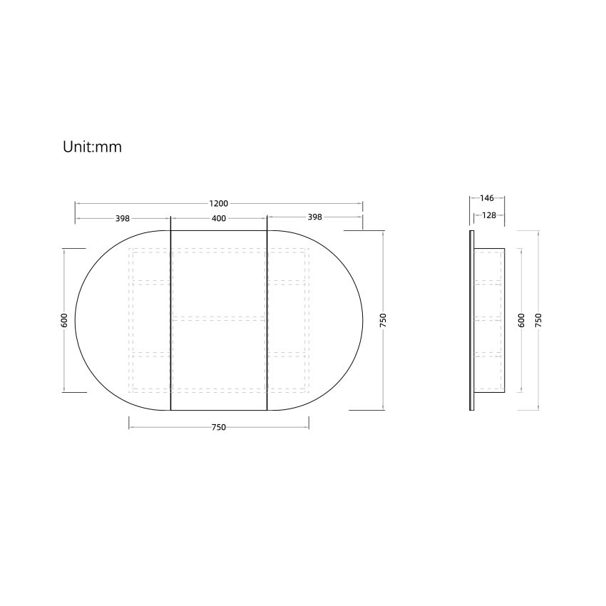 1200mm Oval Shape Matte White Finish Bathroom Mirror Cabinet Shaving Storage