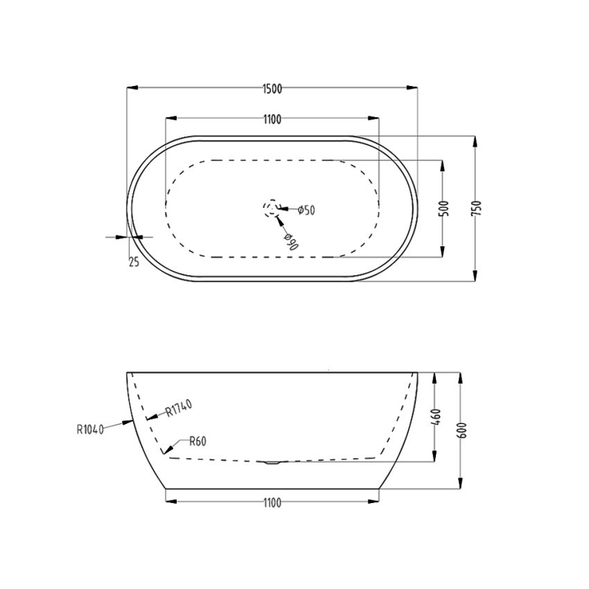 1500mm Freestanding Bathtub Oval Gloss White Acrylic No Overflow