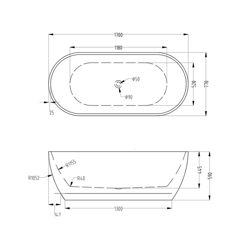 1700mm Freestanding Bathtub Oval Gloss White Acrylic No Overflow