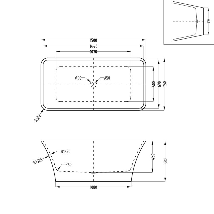 1500mm Freestanding Bathtub Rectangle Gloss White Acrylic No Overflow