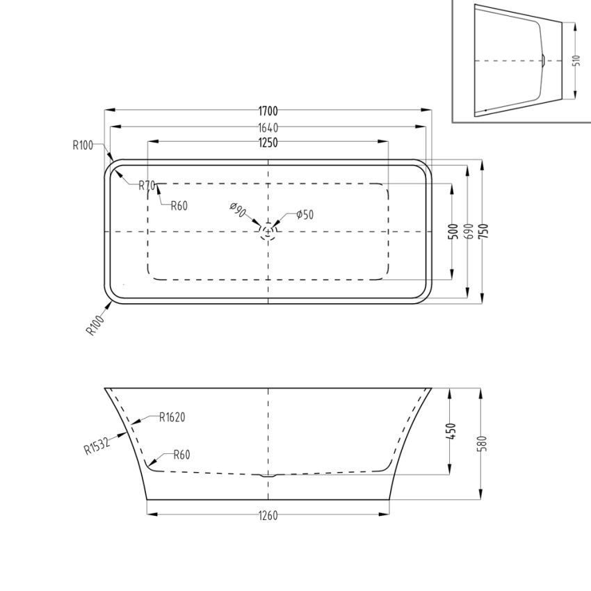 1700mm Freestanding Bathtub Rectangle Gloss White Acrylic No Overflow