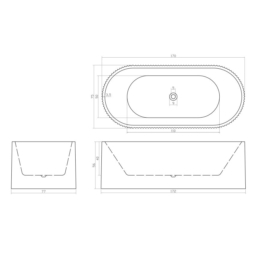 1700mm Freestanding Grooved Ripple Oval Gloss White Acrylic Bathtub