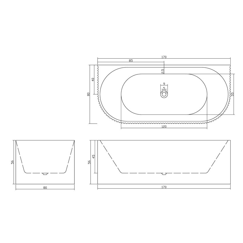 1700mm Back To Wall Grooved Ripple Oval Gloss White Acrylic Bathtub