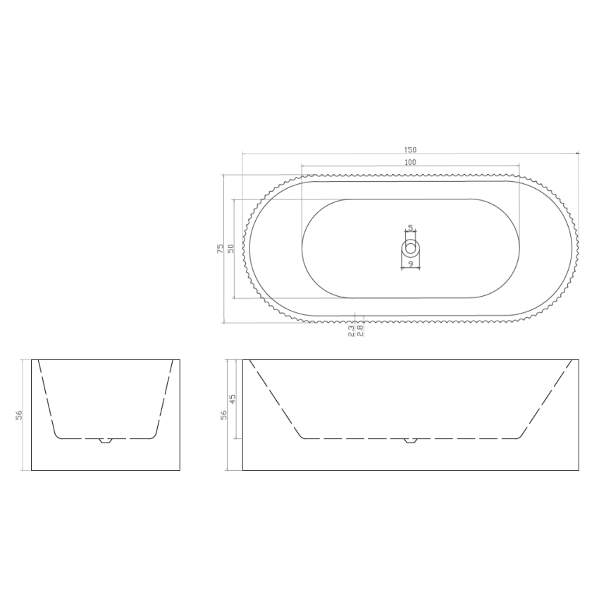 1500mm Freestanding Grooved Gloss White Acrylic Bathtub No Overflow