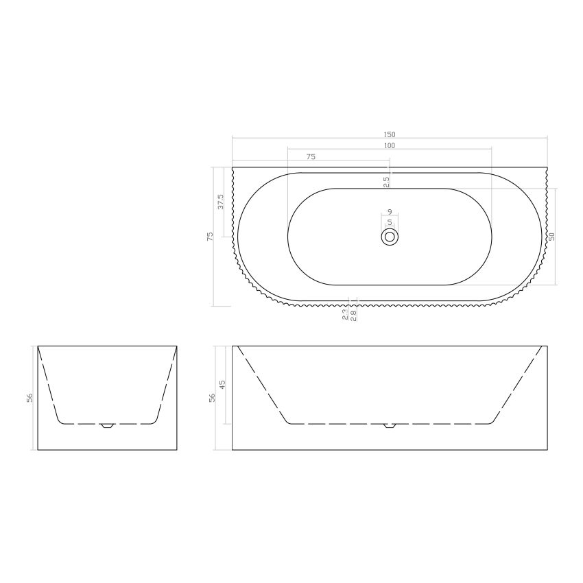1500mm Back To Wall Grooved Gloss White Acrylic Bathtub No Overflow