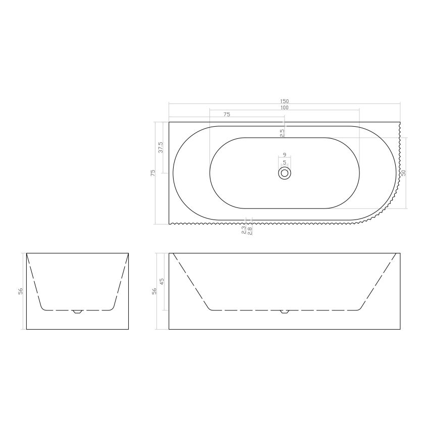 1500mm Freestanding Grooved Left Corner Fit Gloss White Acrylic Bathtub No Overflow