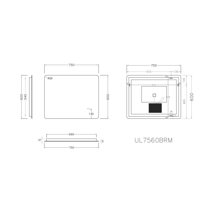 750mm (L) x 600mm (D) Backlit Round Edge 3 Color Rectangle LED Mirror Bathroom Makeup