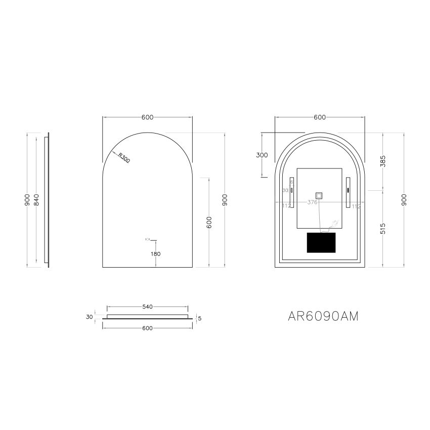 600mm (L) x 900mm (D) Back Lit Arch 3 Color Bathroom LED mirror Touchless Sensor Switch