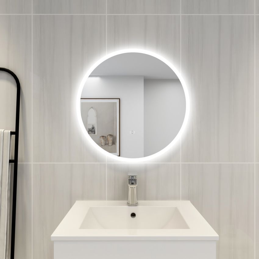600mm Illuminated Round Bathroom LED Mirror Make Up With Touchless Switch 3 Color Lighting