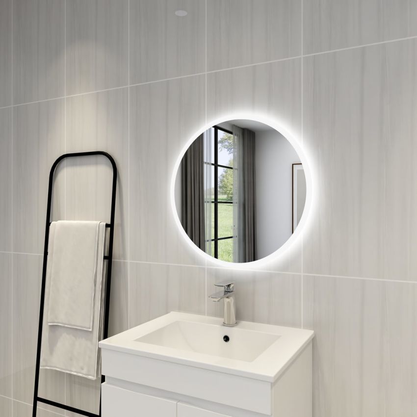 600mm Illuminated Round Bathroom LED Mirror Make Up With Touchless Switch 3 Color Lighting