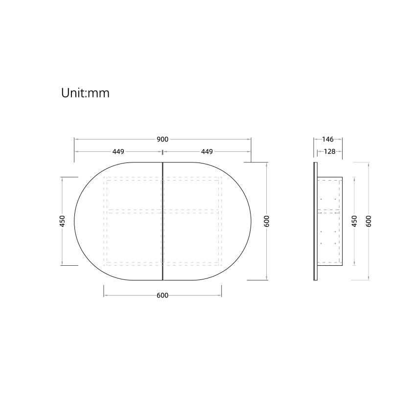 900mm Oval Shape Matte White Finish Bathroom Mirror Cabinet Shaving Storage