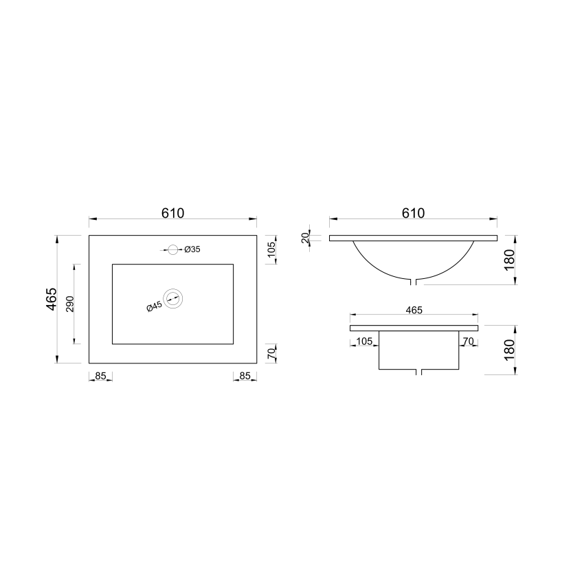 600x460mm Nana Gloss White Thin Edge Ceramic Top