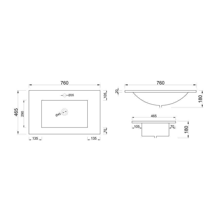 750x460mm Nana Gloss White Thin Edge Ceramic Top