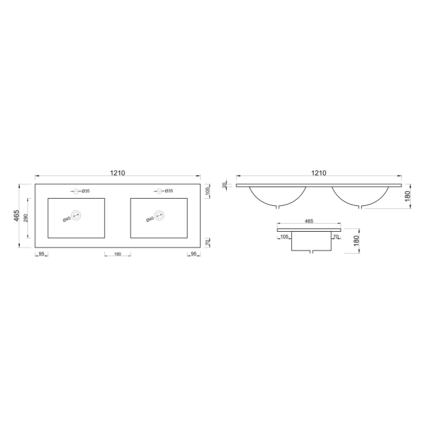 1200x460mm Nana Gloss White Thin Edge Ceramic Top Double Sinks / Bowls