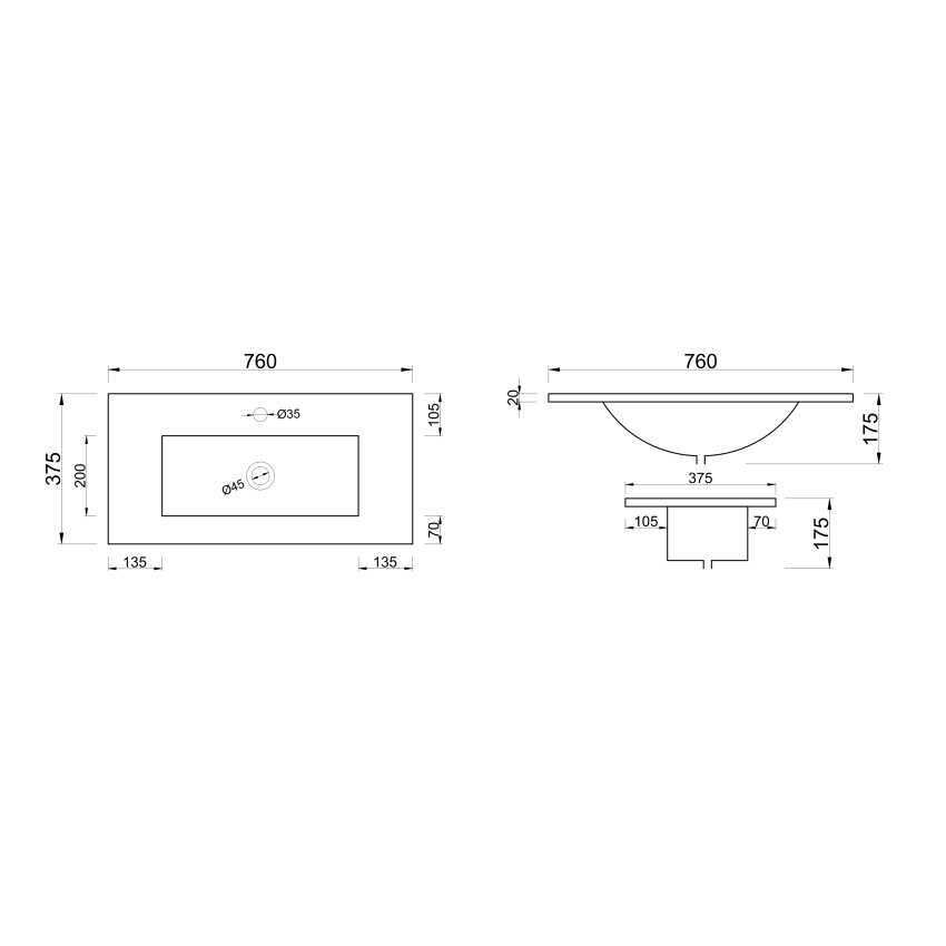 750x360mm Nana Slim Gloss White Thin Edge Ceramic Top