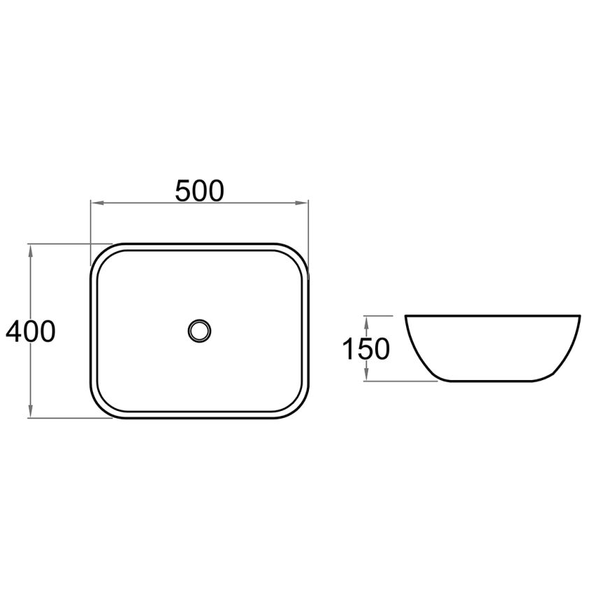 500x400x150mm Rectangle Gloss White Ceramic Above Counter Basin Non-overflow
