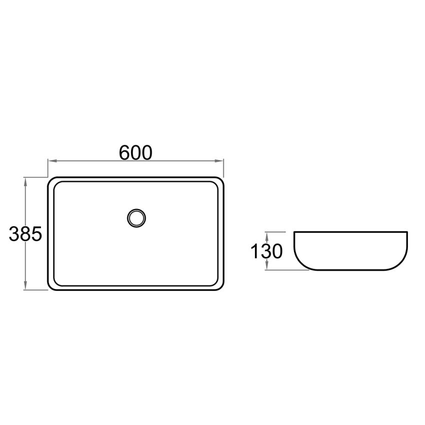 600x385x130mm Rectangle Gloss White Ceramic Above Counter Basin Non-overflow
