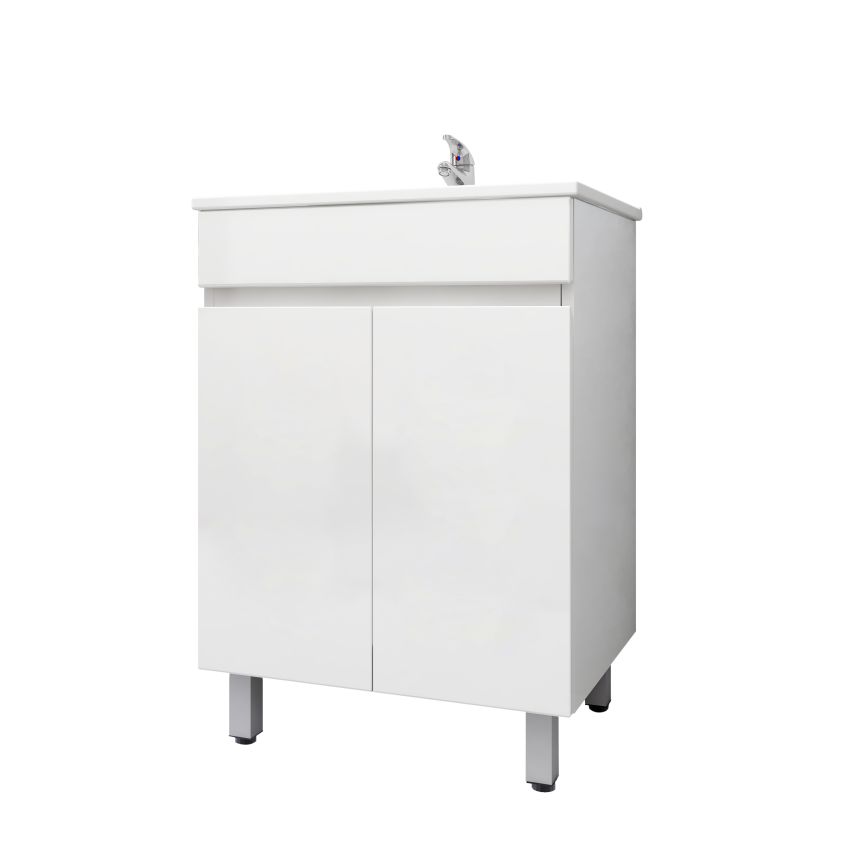 600mm 2-Door Freestanding With Legs MDF Gloss White Finish Bathroom Vanity Cabinet Only