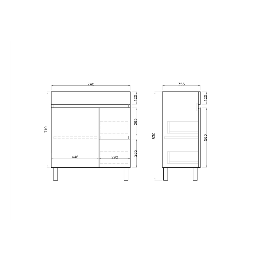 750mm Narrow Freestanding With Legs MDF Gloss White Left/Right Drawers Bathroom Vanity Cabinet Only