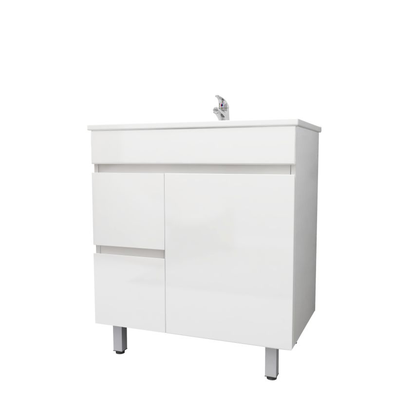750mm Narrow Freestanding With Legs MDF Gloss White Left/Right Drawers Bathroom Vanity Cabinet Only
