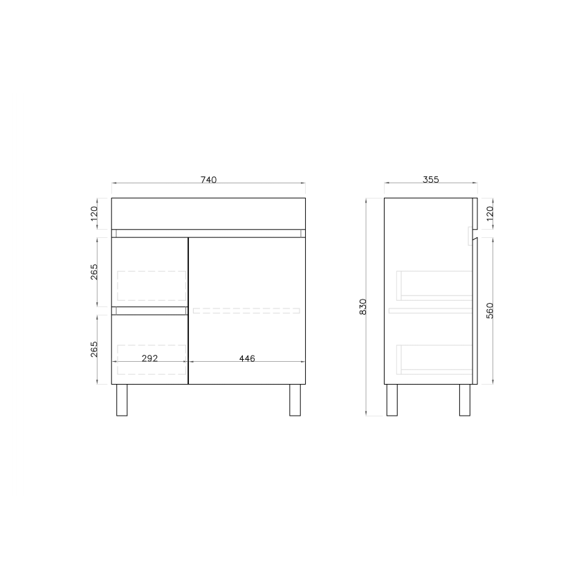 750mm Narrow Freestanding With Legs MDF Gloss White Left/Right Drawers Bathroom Vanity Cabinet Only
