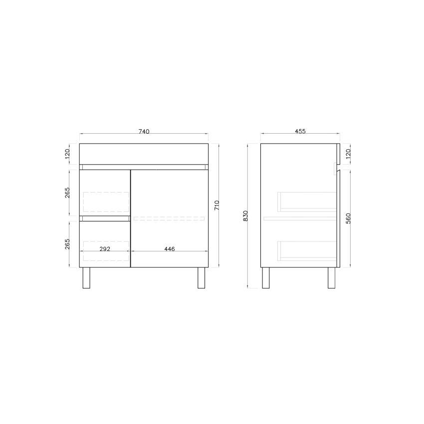 750mm Freestanding With Legs MDF Gloss White Left/Right Drawers Bathroom Vanity Cabinet Only