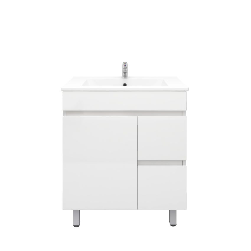 750mm Freestanding With Legs MDF Gloss White Left/Right Drawers Bathroom Vanity Cabinet Only