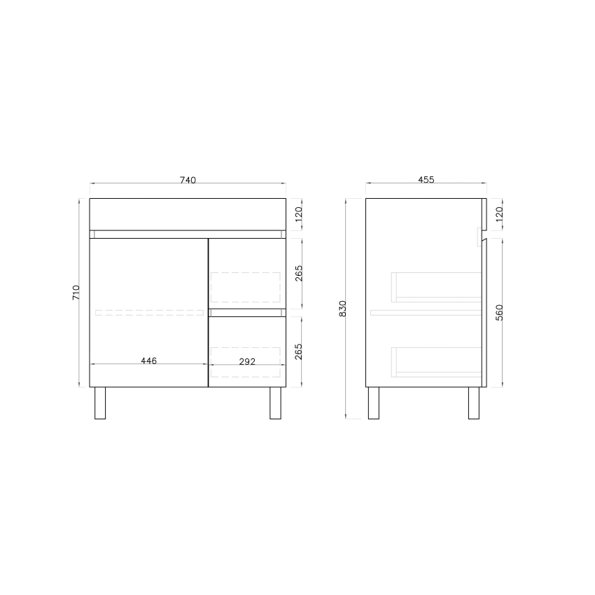 750mm Freestanding With Legs MDF Gloss White Left/Right Drawers Bathroom Vanity Cabinet Only