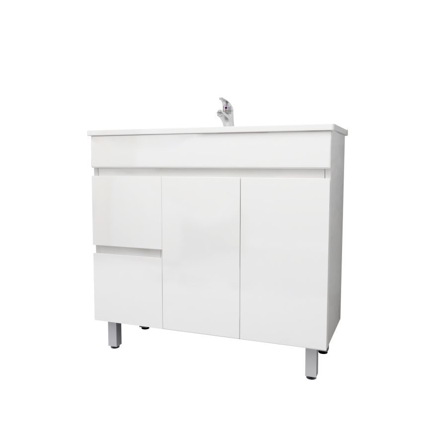 900mm Narrow Freestanding With Legs MDF Gloss White Left/Right Drawers Bathroom Vanity Cabinet Only