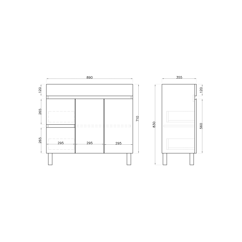900mm Narrow Freestanding With Legs MDF Gloss White Left/Right Drawers Bathroom Vanity Cabinet Only