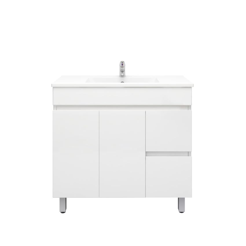 900mm Narrow Freestanding With Legs MDF Gloss White Left/Right Drawers Bathroom Vanity Cabinet Only