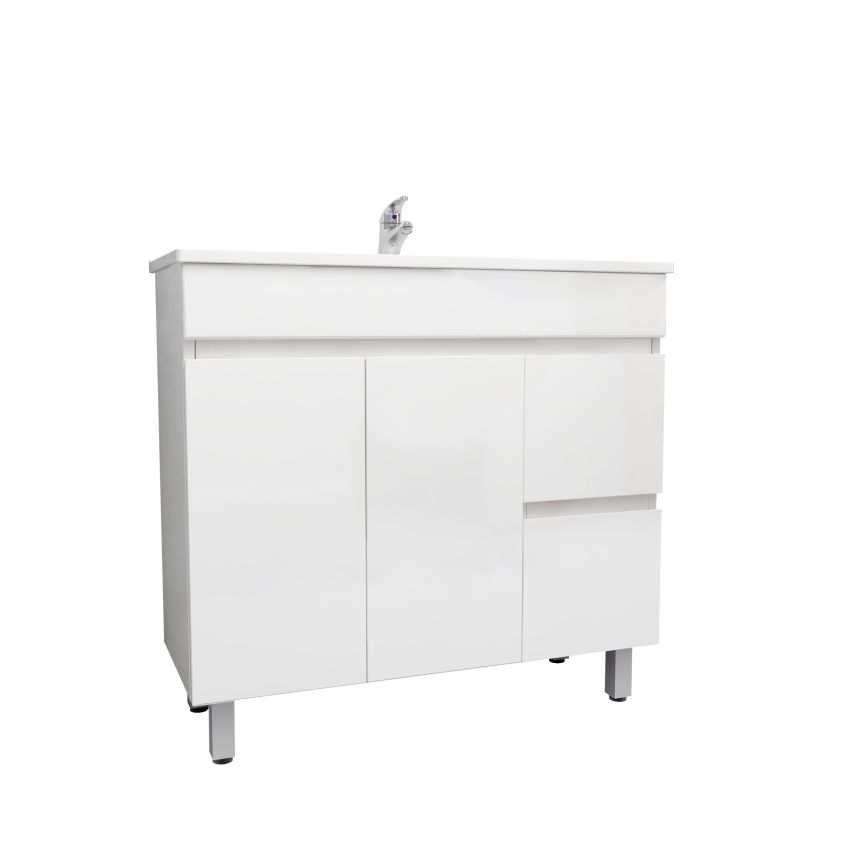 900mm Narrow Freestanding With Legs MDF Gloss White Left/Right Drawers Bathroom Vanity Cabinet Only