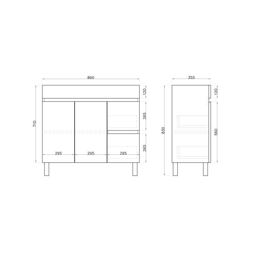 900mm Narrow Freestanding With Legs MDF Gloss White Left/Right Drawers Bathroom Vanity Cabinet Only