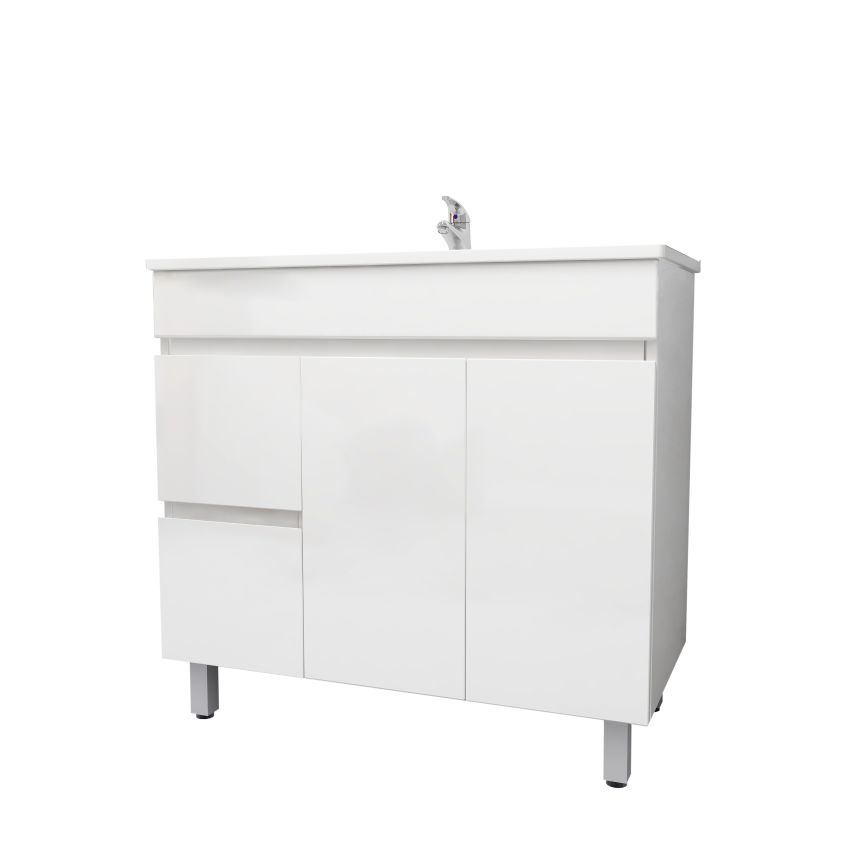 900mm Freestanding With Legs MDF Gloss White Left/Right Drawers Bathroom Vanity Cabinet Only