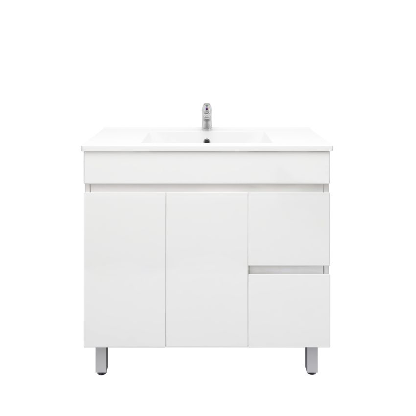900mm Freestanding With Legs MDF Gloss White Left/Right Drawers Bathroom Vanity Cabinet Only