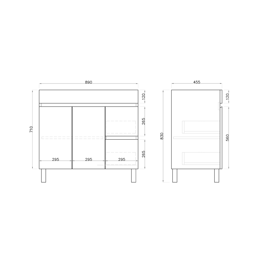 900mm Freestanding With Legs MDF Gloss White Left/Right Drawers Bathroom Vanity Cabinet Only