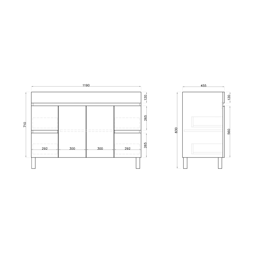 1200mm 2-Door 4-Drawer Freestanding With Legs Gloss White Finish Bathroom Vanity Cabinet Only