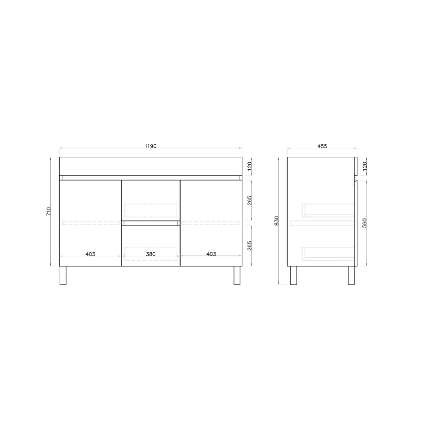 1200mm 2-Door 4-Drawer Freestanding With Legs Gloss White Finish Bathroom Vanity Cabinet Only